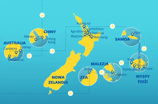 Mapa pokazuje podróże do Nowej Zelandii, Australii, Chin, Malezji, Samoa i ZEA. Wyspy Fidżi leżą na Pacyfiku, na wschód od Australii.