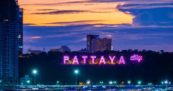 Neonowy napis "PATTAYA city" rozświetla wzgórze o zmierzchu. Idealne miejsce na wakacje!